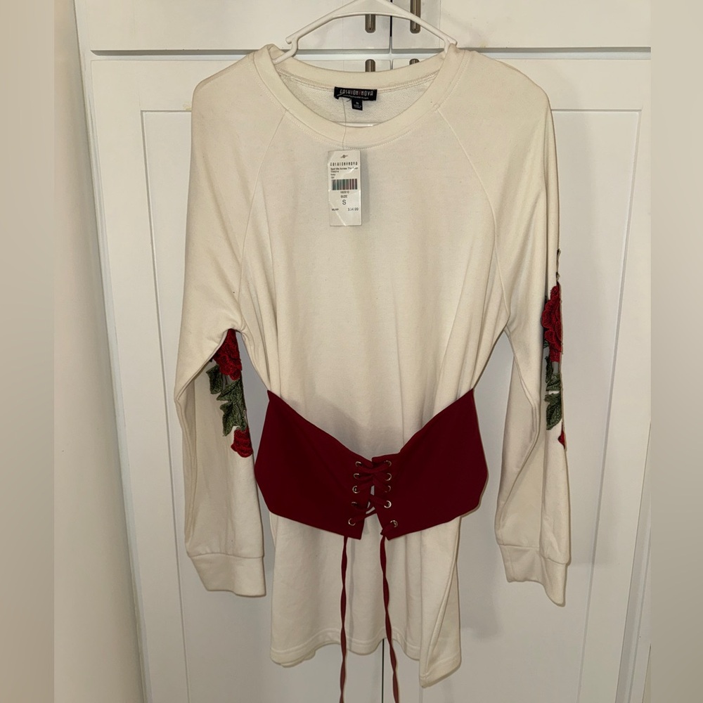Fashionnova Cream Long Sleeve Top with Red Accents